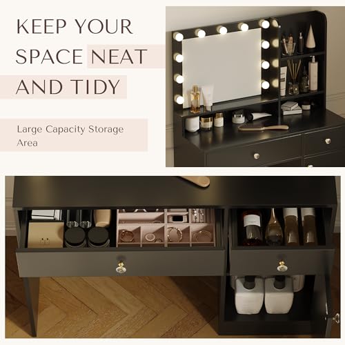 Vanity Desk with Mirror and Lights, Diamond Edition Vanity Desk, Makeup Vanity Table with 3 Drawers & 5 Open Shelves