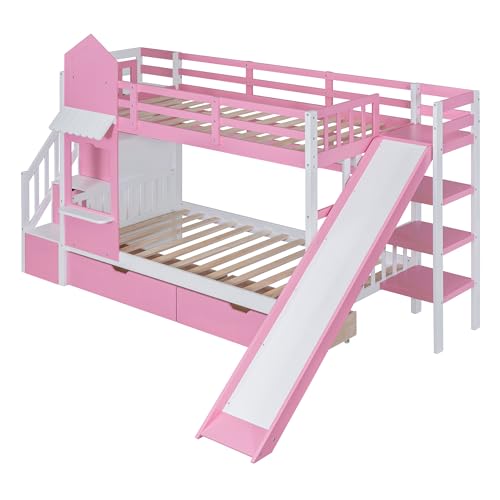 Kids Bunk Bed with Stairs and Slide, Wood Twin Over Twin Bunk Bed with Storage Drawers and Shelves, Castle Style Bunk Beds for Kids Teens Girls Boys