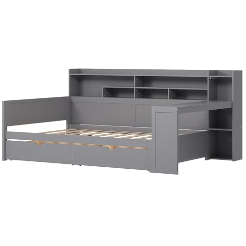 Corner Twin Bed Frame with Bookcase Storage and Desk, Wood Day Beds with 2 Drawers, Twin Size Daybed with Storage for Living Room