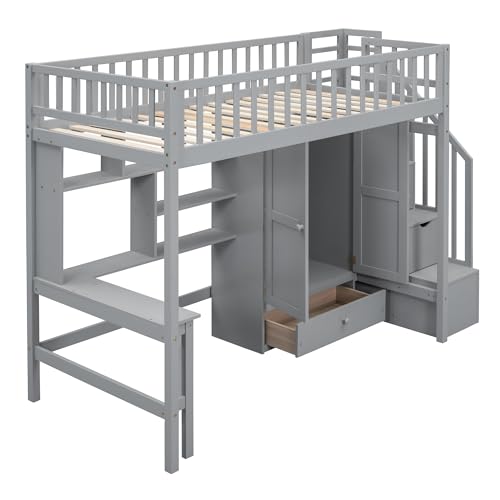 Twin Loft Bed with Staircase, Desk and Wardrobe, Wood Loft Bed with Storage Shelves and Safety Guardrail