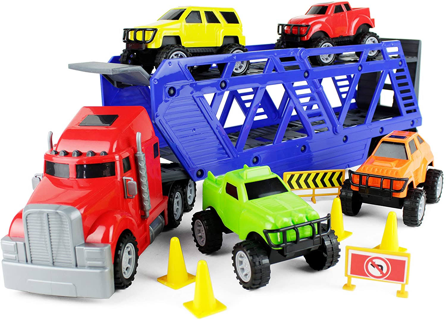 Boley 5-in-1 Big Rig Hauler Truck Carrier Toy Complete Trailer with Construction Signs and Monster Jam Trucks Great Toy for Boys