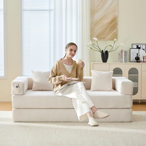 Convertible Sleeper Sofa Bed with Cylindrical Pillow, Corduroy Folding Mattress Couch with Fixed-Shape Frame