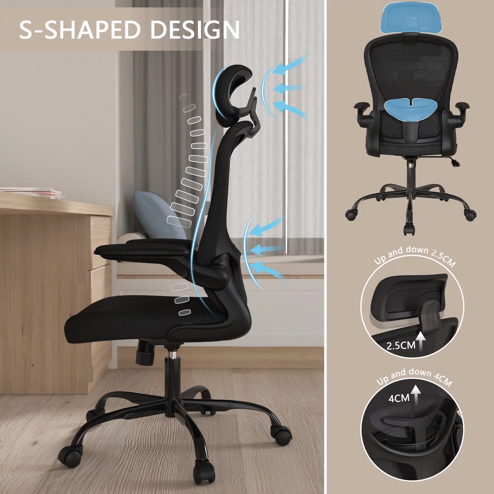 Lioncin Office Chair, High Back Ergonomic Desk Chair, Swivel Task Chair with Flip-up Armrests, Executive Chair for Home Office,Black