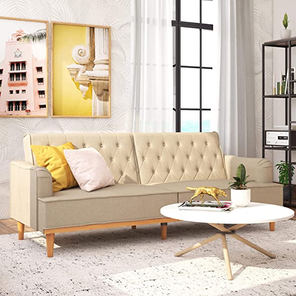 Mr. Kate Stella Vintage Convertible Sofa Bed Futon, Tan Linen