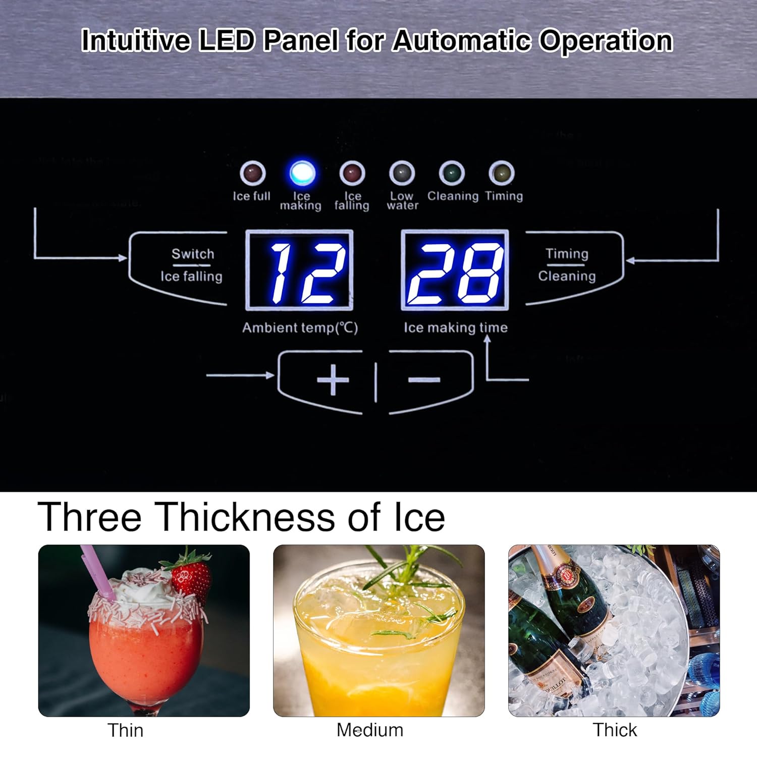 Ice Maker, Commercial Ice Maker Machine 120-130LBS/24H with 28LBS Storage Bin, Freestanding/Under Counter Ice Machine for Home/Party/Bar/Restaurant