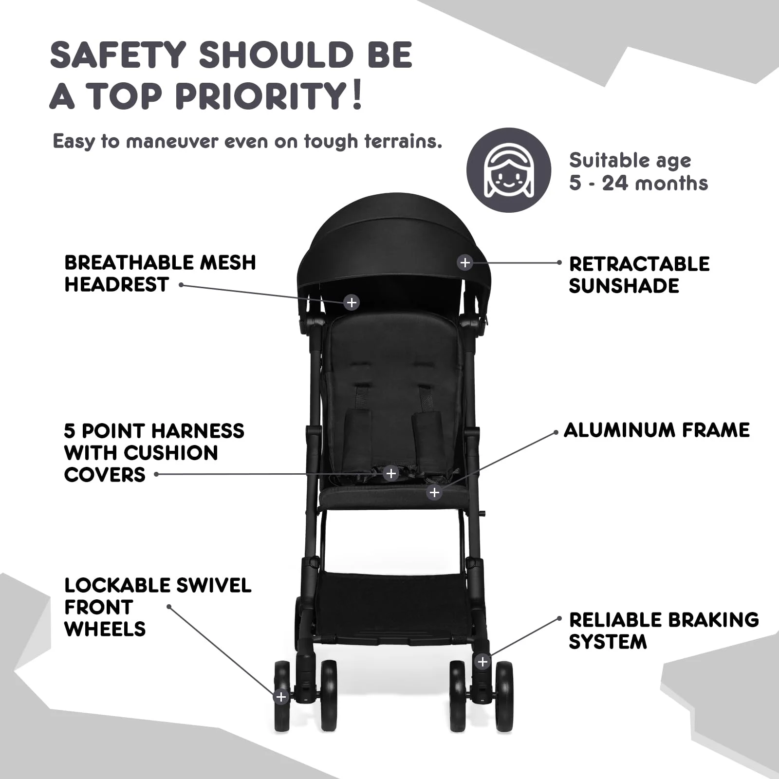 HARPPA Lightweight Travel Stroller, Compact Umbrella Stroller for Babies, Easy Folding, Black