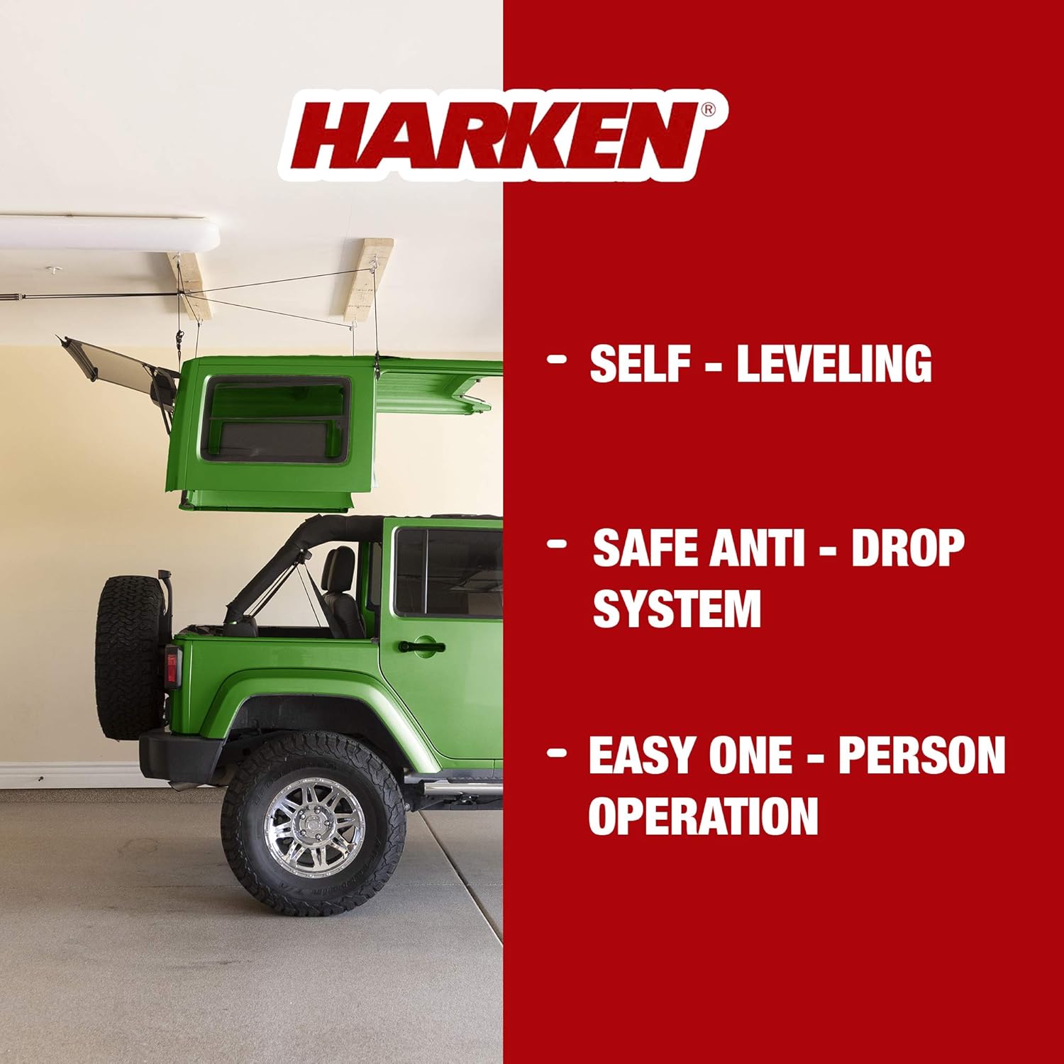 HARKEN - Hardtop Overhead Garage Storage Hoist for Jeep Wrangler and Ford Bronco, Self-Leveling, Safe Anti-Drop System, Easy One-Person Operation