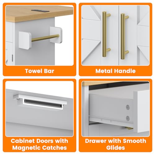 51.8" Kitchen Island Cart with Trash Can Storage, Kitchen Island on Wheels with Power Outlet & Drop Leaf