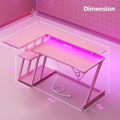55 Inch Gaming Desk with Power Outlet & LED Lights, L Shaped Gamer Computer Table with Storage Shelves for Bedroom, Corner Home Office Desk
