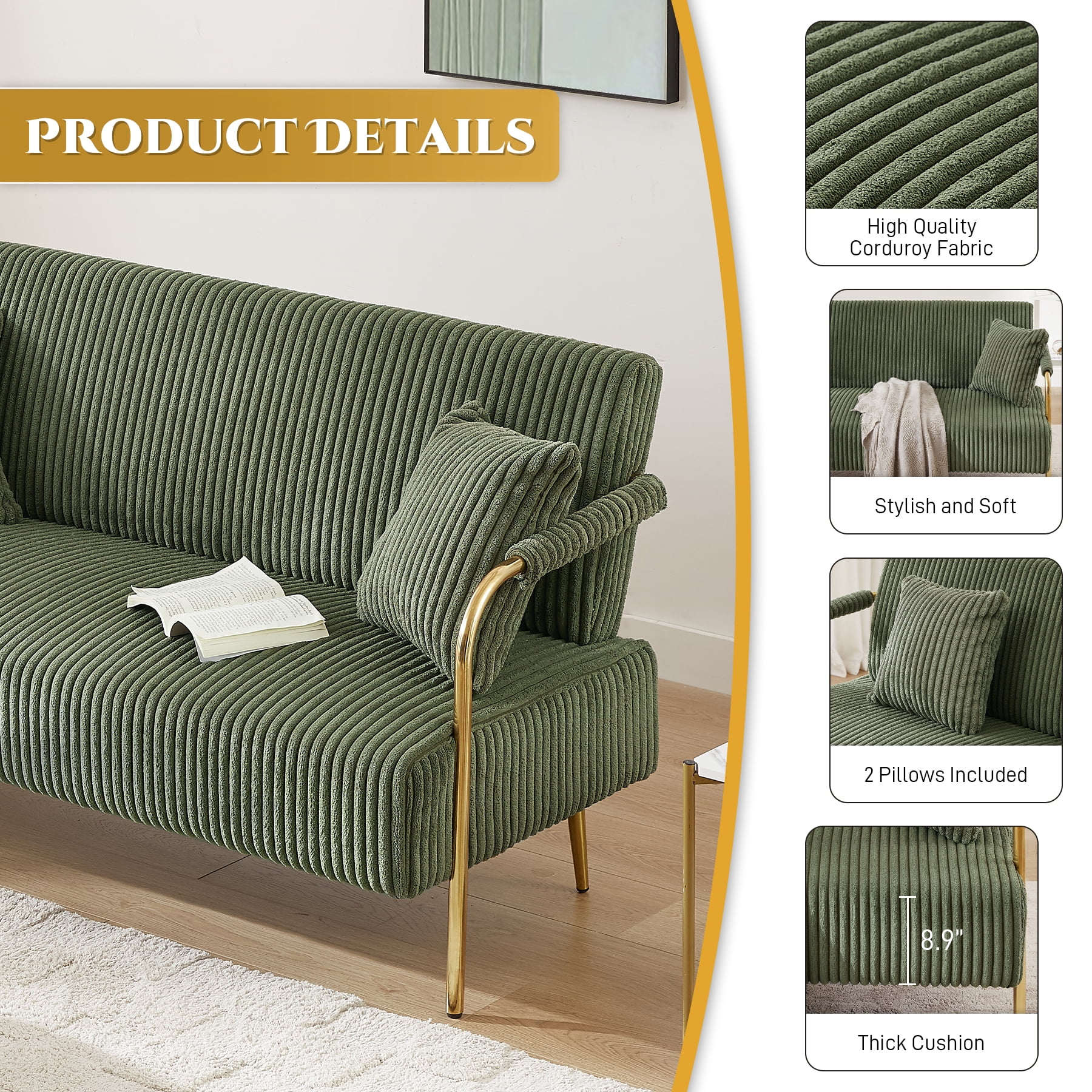 Rophefx Upholstered Loveseat, Tufted Velvet Futon Sofa Bed with 2 Pillows