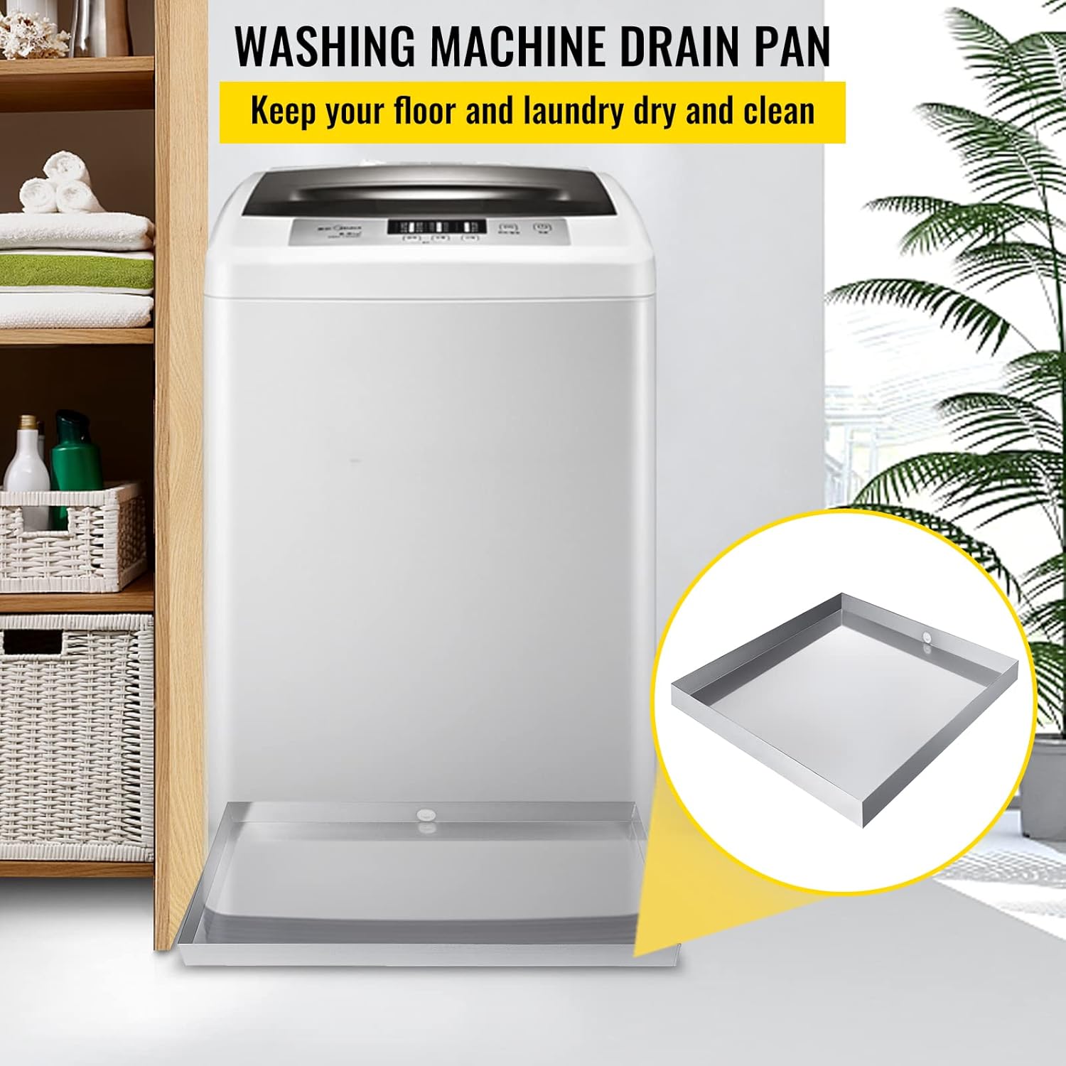VBENLEM 32 x 30 x 2.5 Inch Washing Machine Pan 18 GA Thickness Galvanized Steel Heavy Duty Compact Washer Drip Tray with Drain Hole & Hose Adapter &