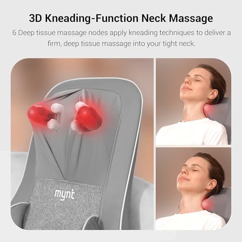 Mynt FSA HSA Eligible 3D Shiatsu Neck and Back Massager for Chair with 10 Deep Kneading Nodes, Back Massage with Heat