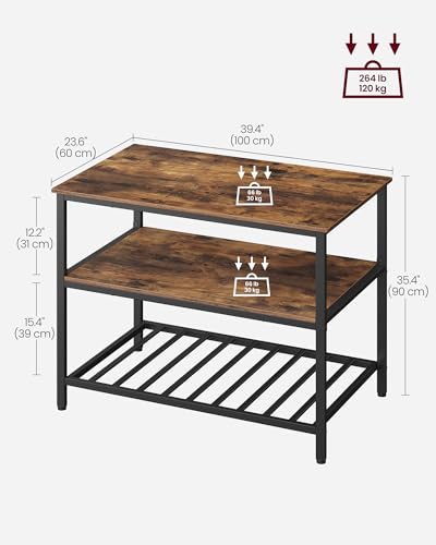 VASAGLE Kitchen Island with 3 Shelves, 47.2 Inches Width Kitchen Shelf with Large Worktop, Stable Steel Structure, Industrial, Easy to Assemble
