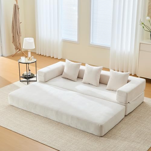 Convertible Sleeper Sofa Bed with Cylindrical Pillow, Corduroy Folding Mattress Couch with Fixed-Shape Frame