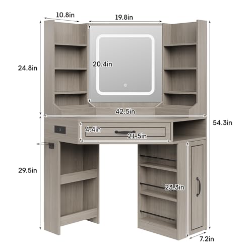 Makeup Vanity Desk, Corner Vanity Desk with HD LED Mirror, Lots Storage Shelves, 2 Drawers & Cabinets, Vanity with Charging Station