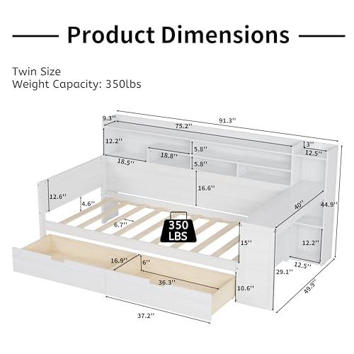 Corner Twin Bed Frame with Bookcase Storage and Desk, Wood Day Beds with 2 Drawers, Twin Size Daybed with Storage for Living Room
