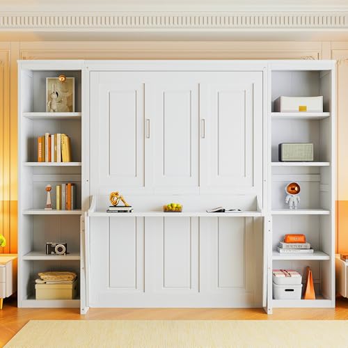 Queen Size Murphy Bed Wall Bed with Desk and Closet,Drawers and Shelves,for Small Spaces Studio Study Office Guest Room Use (Gray#Desk, Queen)