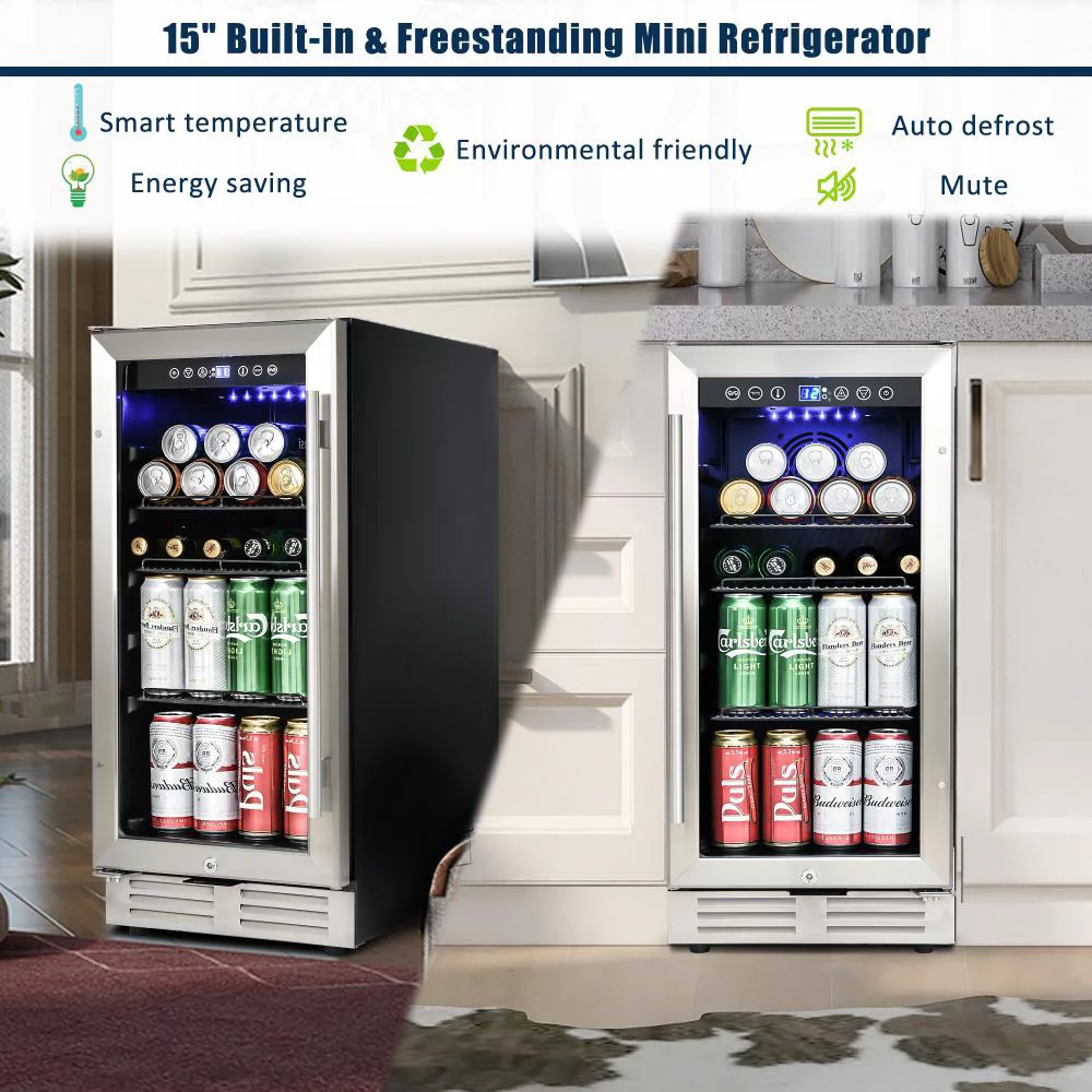 15 Inch Beverage Refrigerator Under Counter Built-in Wine Cooler Mini Fridge Clear Glass Door Digital Memory Temperature Control