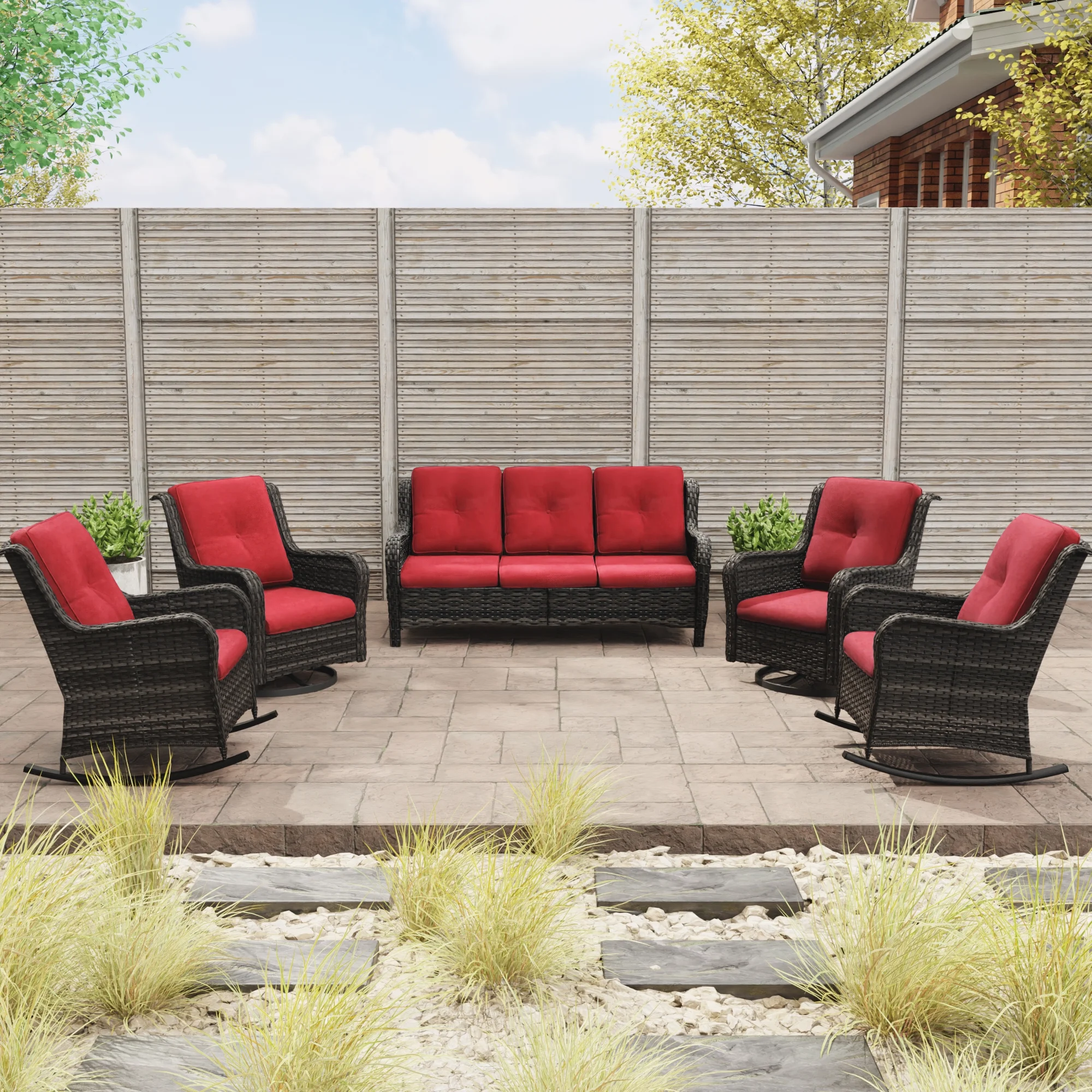 MeetLeisure 5 Pieces Outdoor Furniture Patio Furniture Set with One 3-Seat Sofa, Two Swivel Rocking Chairs,Two Rocking Chairs, Red