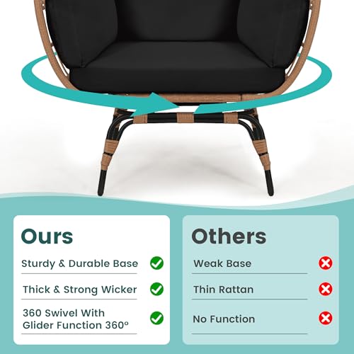 Oversized 360 Swivel Rattan Egg Chair for Adult, Indoor Outdoor Patio Large Wicker Egg Chair with Overstuffed Cushions, 440lb Weight Capacity