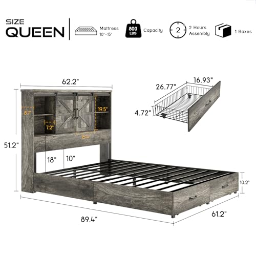 HOWE King Size Bed Frame, Wood Platform Bed Frame with 51.2" Bookcase Headboard, Storage Bed with Sliding Barn Door Charging Station 2 Drawers