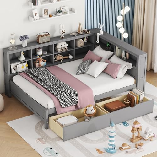Twin Size Daybed with Bookcase and Drawers, L-Shape Daybed with USB Ports and Storage Headboard