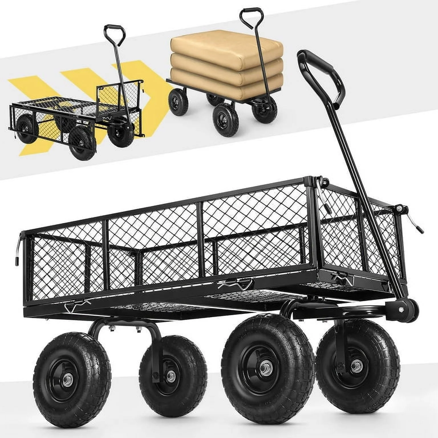 Funcid Steel Garden Cart, Heavy Duty 660 LBS Capacity, with Removable Mesh Sides to Convert into Flatbed