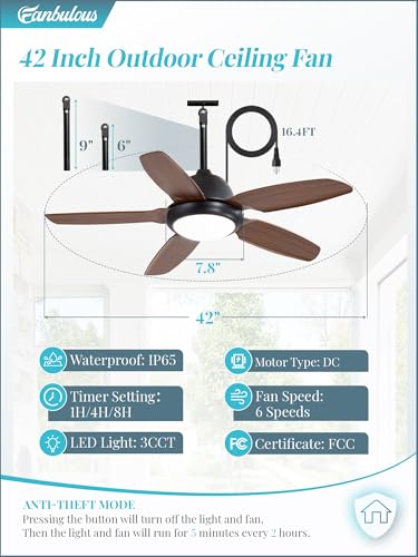 42 Inch Waterproof Outdoor Ceiling Fan with Lights and Remote,IP65 Hanging Gazebo Fan with 3CCT 6-Speed DC Motor