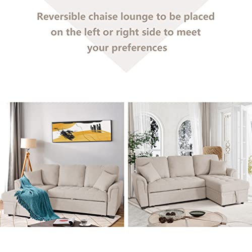 Aoowow Upholstered Sectional Sofa with Reversible Storage Chaise Lounge, Linen Fabric Pull Out Sofa Bed with 2 Throw Pillows, 86 Inch L-Shaped Couch