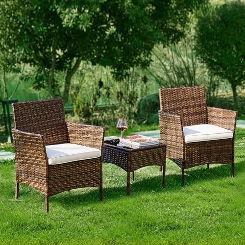 DUMOS Patio Furniture Set 4 Pieces, Outdoor Wicker Furniture with Coffee Table, Modern Rattan Patio Chairs Conversation Sets with Sofa for Garden