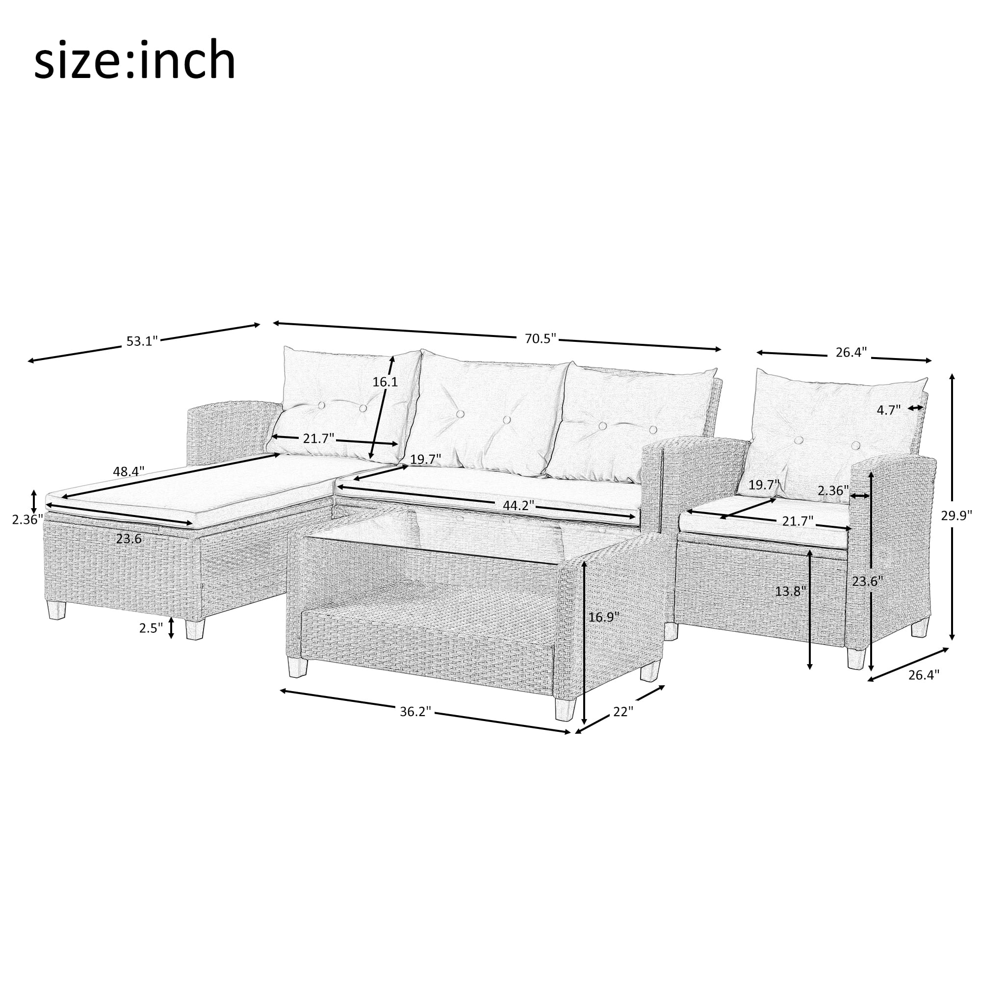 4 Piece Patio Sectional Sofa Set, Outdoor Conversation Set, All-Weather Wicker Sectional Seating Group with Cushions & Coffee Table