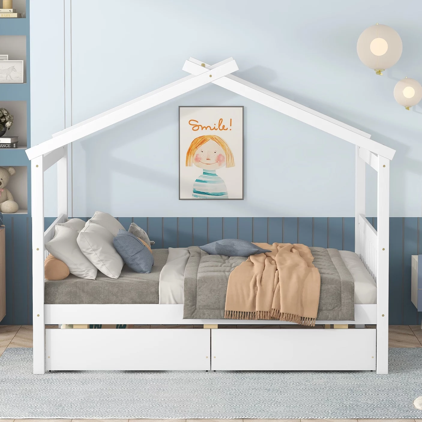 Bellemave Kids House Bed with Drawers Full Size Platform Bed with Storage Playhouse Design Wooden House Bed Frame With Headboard and Footboard for