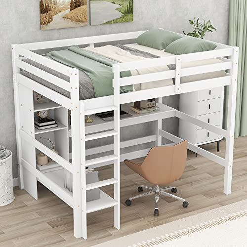 Full Size Loft Bed with Wardrobe and Desk,Wooden Loftbed with Storage Drawers, Shelves,Cabinet for Bedroom,White