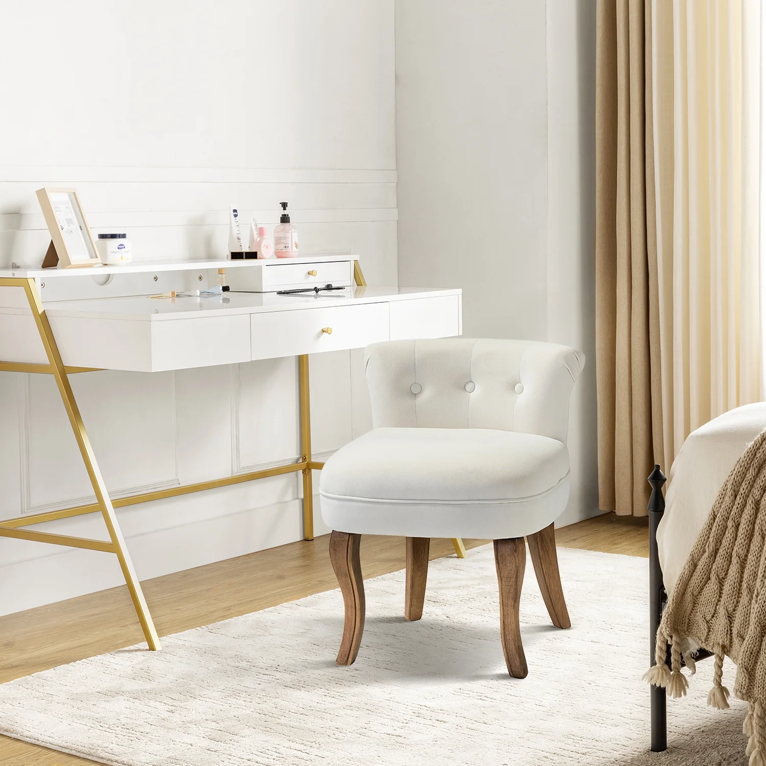 Makeup Vanity Stool Dressing Table Accent Chair Velvet Tufted Upholstered Cushioned Wood Leg Home Bedroom Living Room Ivory