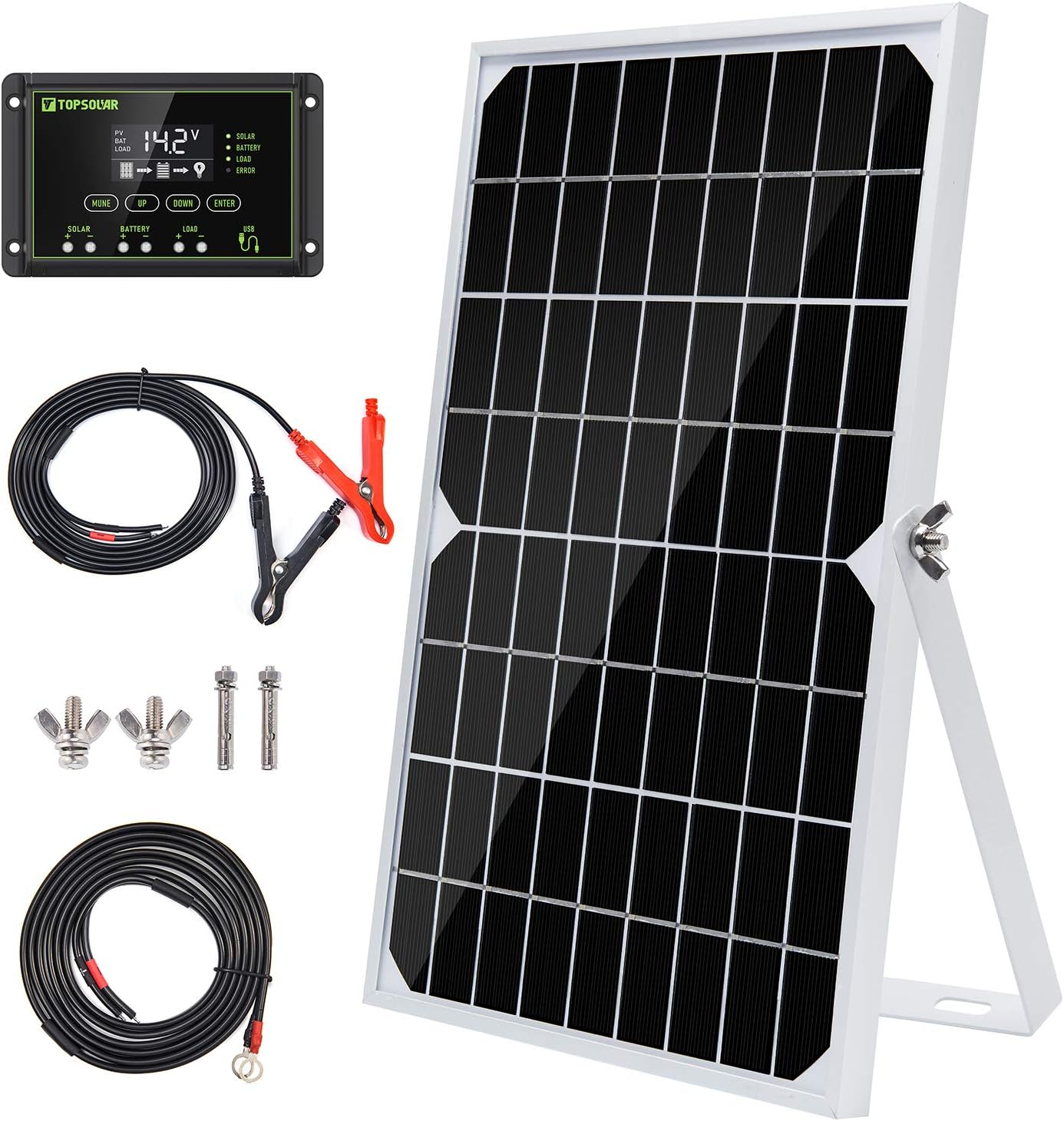 Topsolar 20W 12V Solar Panel kit Battery Charger Maintainer + 10A PWM Solar Charge Controller + Adjustable Mount Tilt Rack Bracket + Solar Cable for