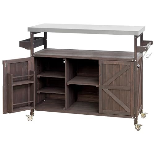 Farmhouse Kitchen Island with Power Outlet, Drop Leaf, Spice Rack and Drawer,Rolling Kitchen Cart on Wheels