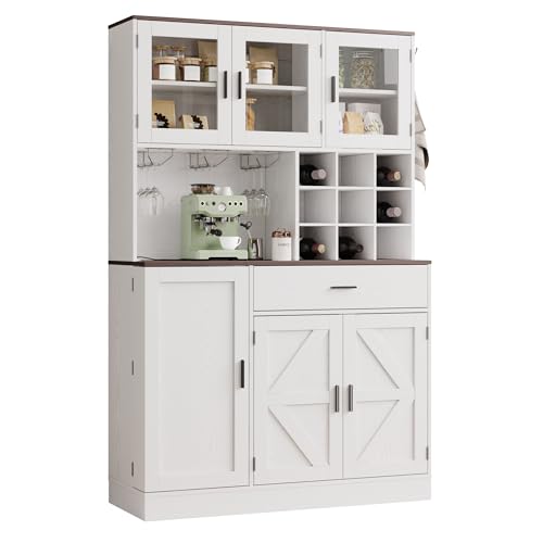 ANCTOR Kitchen Hutch Cabinet with Storage Tall Pantry Storage Cabinet with Glass Doors, Power Outlet, Microwave Stand, Adjustable Shelves, Drawer