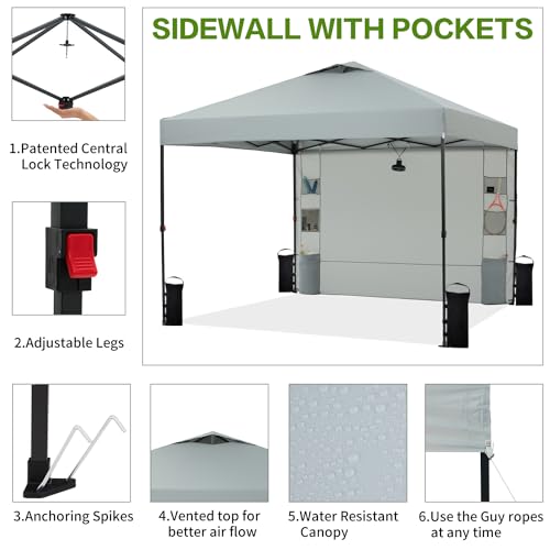 10'x10' Pop Up Canopy Tent with 1 Sidewall and 6 Pockets, One Push Setup, Instant Shade Tent with Vented Roof for Beach Patio Outdoor, Case, 8 Stakes
