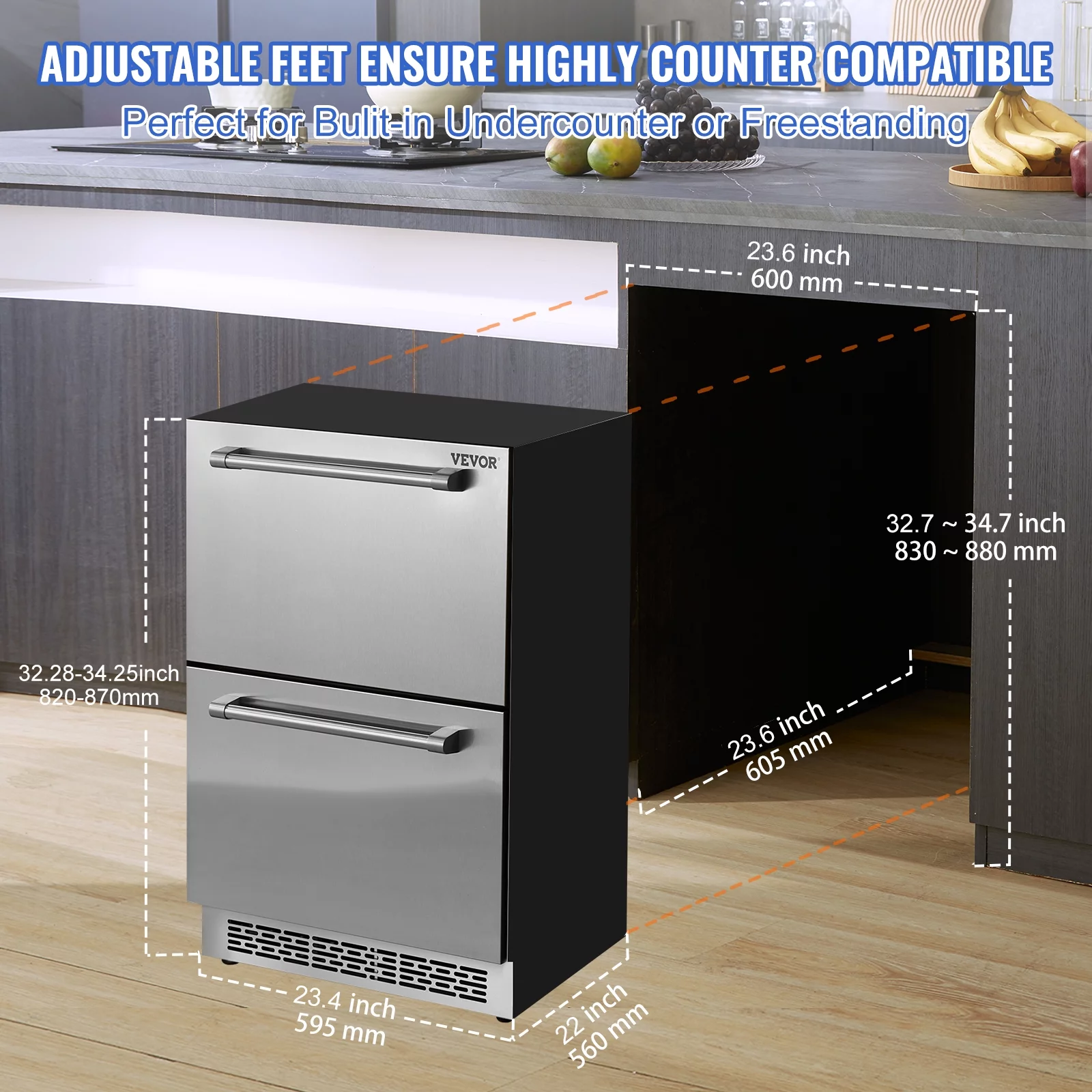 BENTISM Undercounter Refrigerator 24" Built-in 2 Drawer Refrigerator Fridge SUS Undercounter Freestanding Stainless Steel Door Beverage Refrigerator