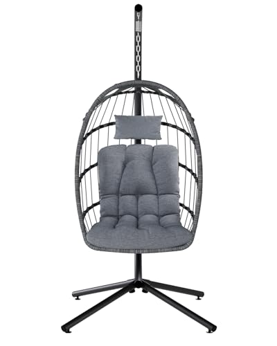 SWITTE Egg Chair Outdoor with Stand, Indoor Wicker Hanging Egg Swing Chair with Cushion, 350lbs Capacity for Patio, Bedroom, Garden - Gray
