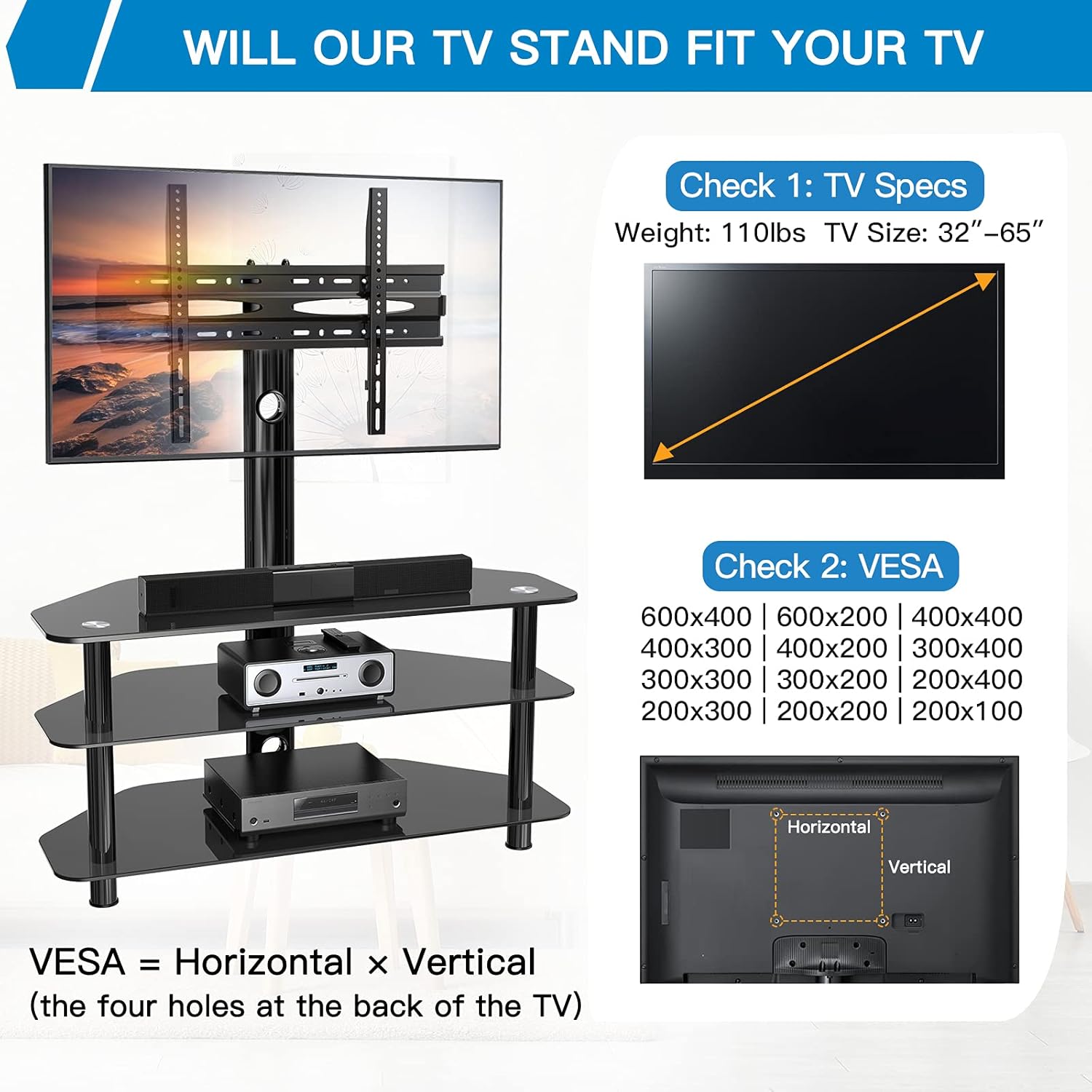 Swivel Floor TV Stand/Base for 32-65 Inch TVs-Universal Corner TV Floor Stand with Storage Perfect for Media-Height Adjustable Entertainment Stand