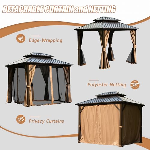 Domi 10' x 10' Hardtop Gazebo Outdoor Metal Gazebo with Galvanized Steel Double Roof Canopy, Curtains and Netting for Patio, Backyard, Deck