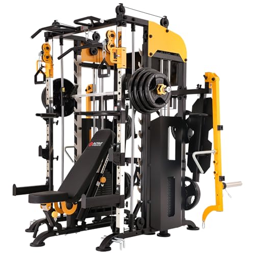 Altas Strength Smith Machine with Lever Arms Pulley Ratio 2:1 Squat Rack Pull Up Bar Upper Body Strength Training Leg Developer Light Commercial Home
