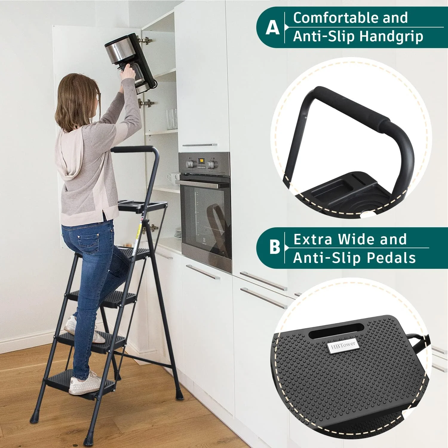 4 Step Ladder with Tool Tray, Folding Step Stool with Wide Non-Slip Pedal and Comfort Handgrip for Household and Office