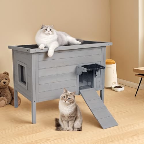 BRIOPAWS Outdoor-Cat-House-Insulated | Feral-Cat-Shelter for Winter | Weatherproof | Large Wooden Pet House for Multiple Cats | Foldable Ladder |