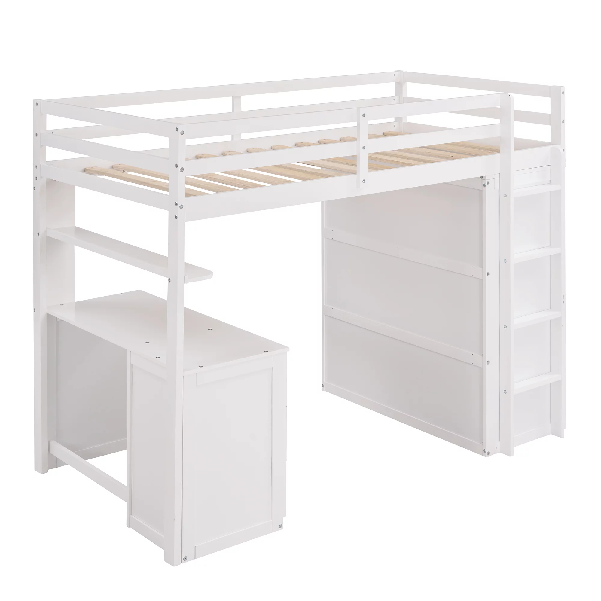 Wooden Twin Size Loft Bed for Kids, Twin Loft Bed with Drawers, Desk, Wardrobe, Ladder & Safety Rails