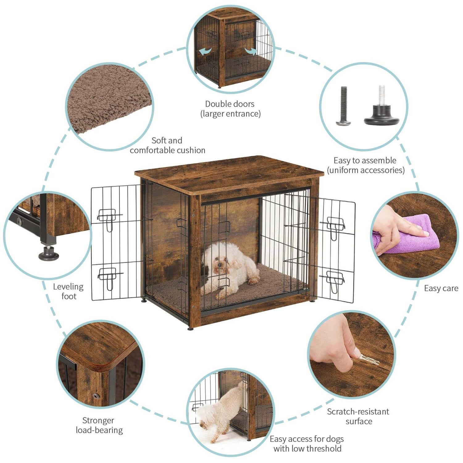 DWANTON Dog Crate Furniture with Cushion Wooden Dog Crate with Double Doors - Pet Supplies online store