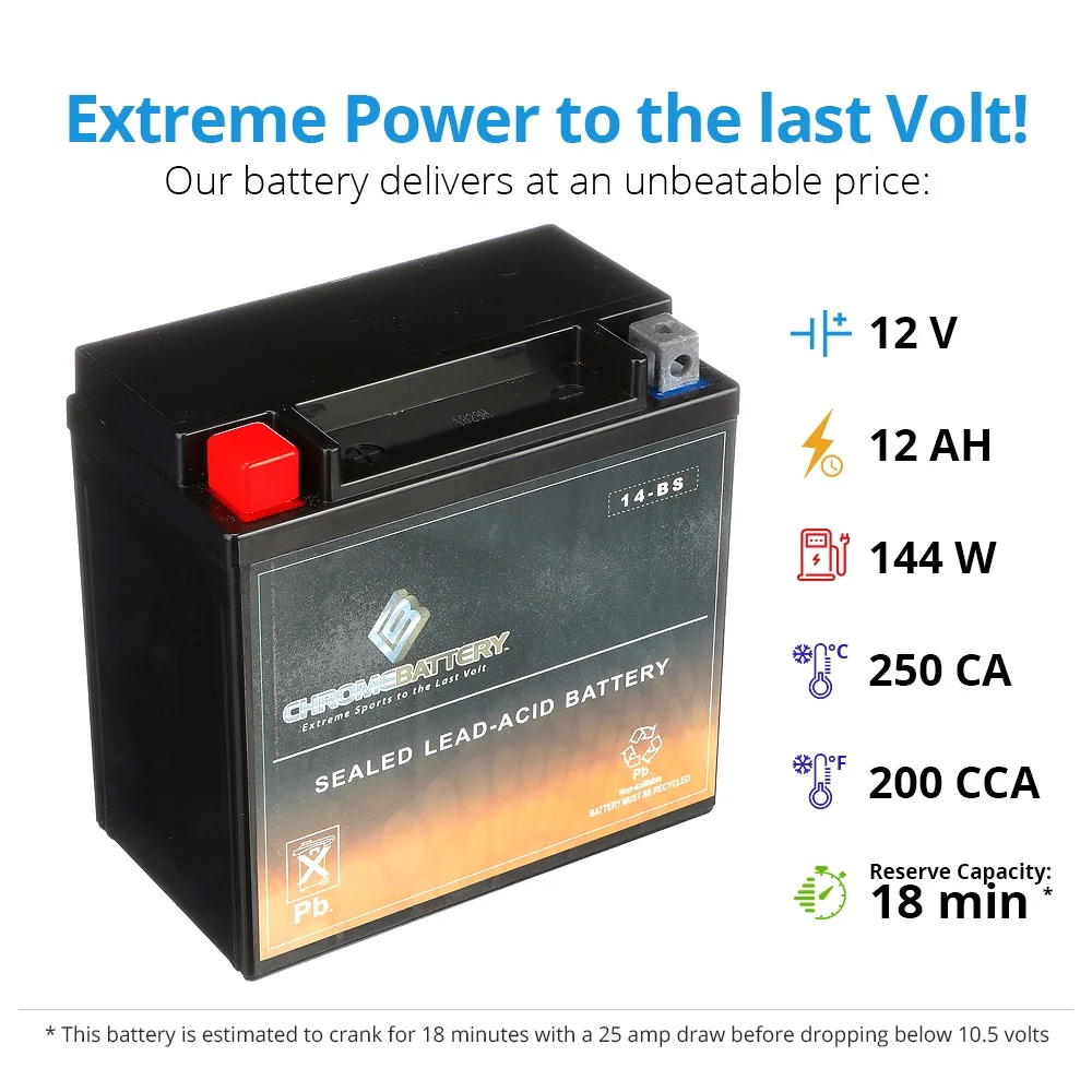 Chrome Battery YTX14-BS (14-BS 12 Volt,12 Ah, 200 CCA) Motorcycle Battery for Kawasaki 1100cc Zx1100-d Ninja Zx-11 1995