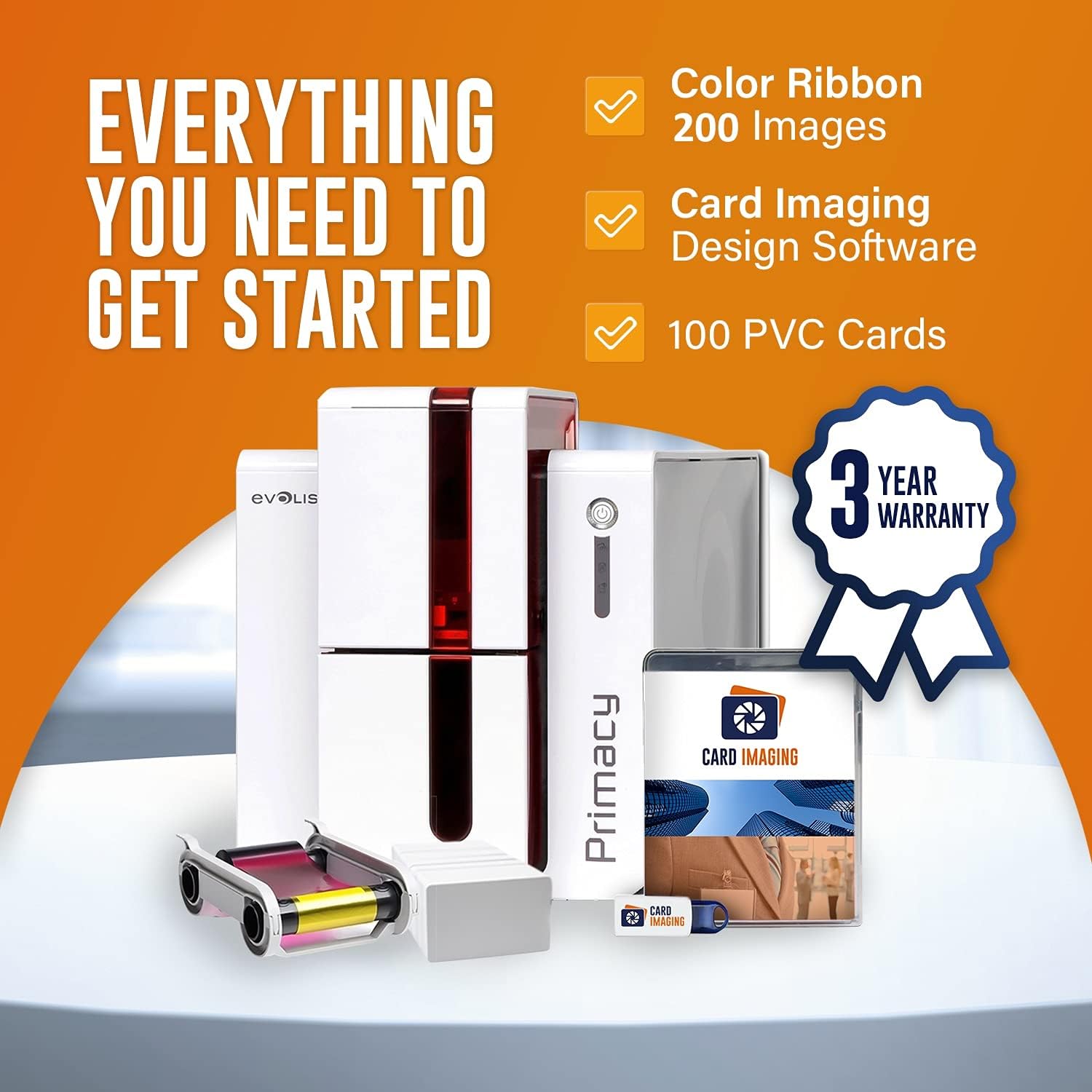 Evolis Primacy Dual Sided ID Card Printer & Supplies Bundle Badge Machine (PM1H0000RD)