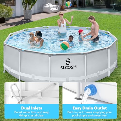 SLOOSH Round Above Ground Pool - 10ft x 30inch Outdoor Round Frame Above Ground Swimming Pool Set Kiddie Pool for Kids Adults with Filter Pump